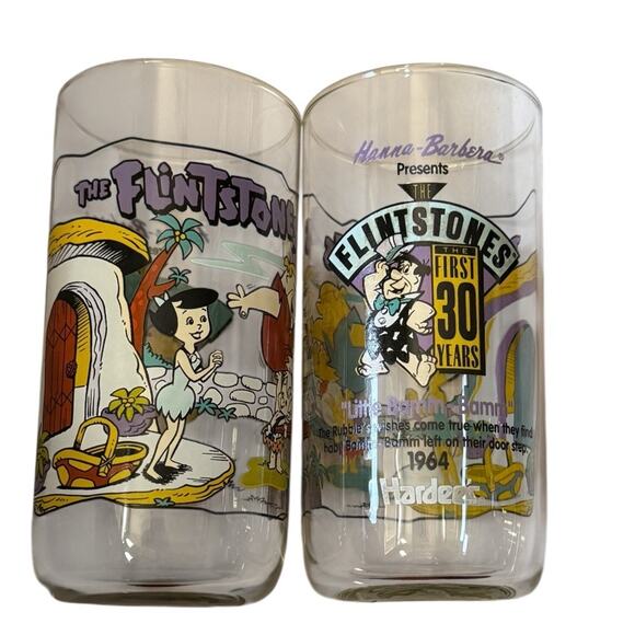 VTG 1991 The Flintstones Hardees Glasses + 2 Original Bags 30 Years Barney Bam - Picture 3 of 5